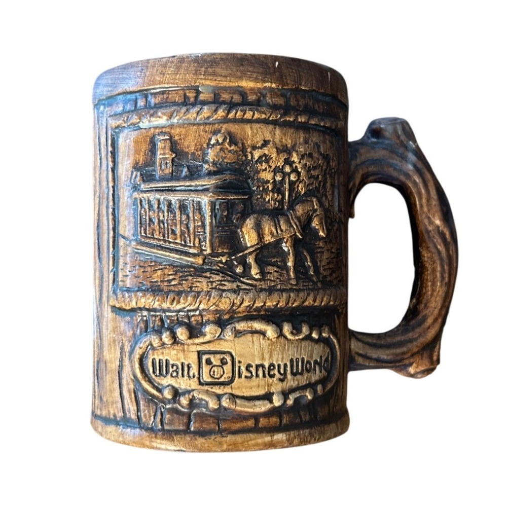 Walt Disney World Mug Brown Horse Drawn Trolley Faux Wood Carved Retro Rustic